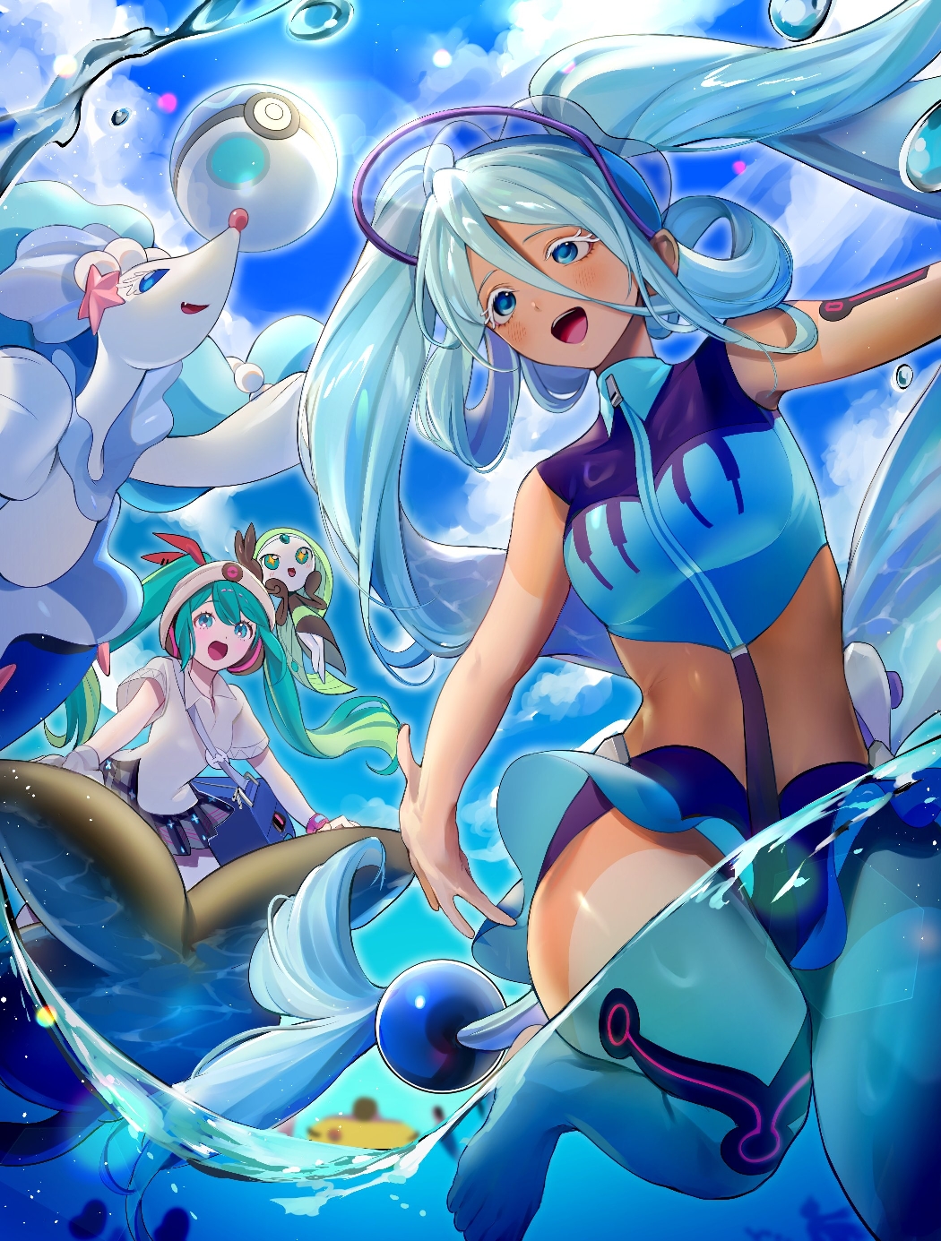 2girls, :d, bag, barefoot, beanie, bikini, blue_bag, blue_bikini