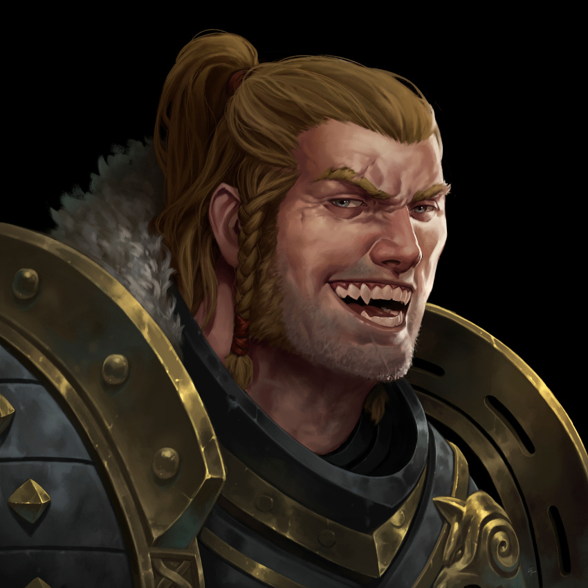 absurdres, adrian4rt, armor, beard_stubble, black_background, blonde_hair, blue_eyes, braid