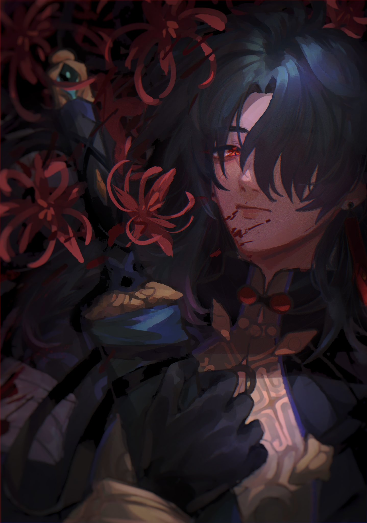 1boy, bandaged_arm, bandages, black_gloves, blade_(honkai:_star_rail), blood, blood_on_face, chinese_clothes, do_mkokoro, flower, gloves, hair_over_one_eye, highres, holding, holding_sword, holding_weapon, honkai:_star_rail, honkai_(series), long_hair, lying, male_focus, on_back, red_eyes, smile, solo, spider_lily, sword, upper_body, weapon