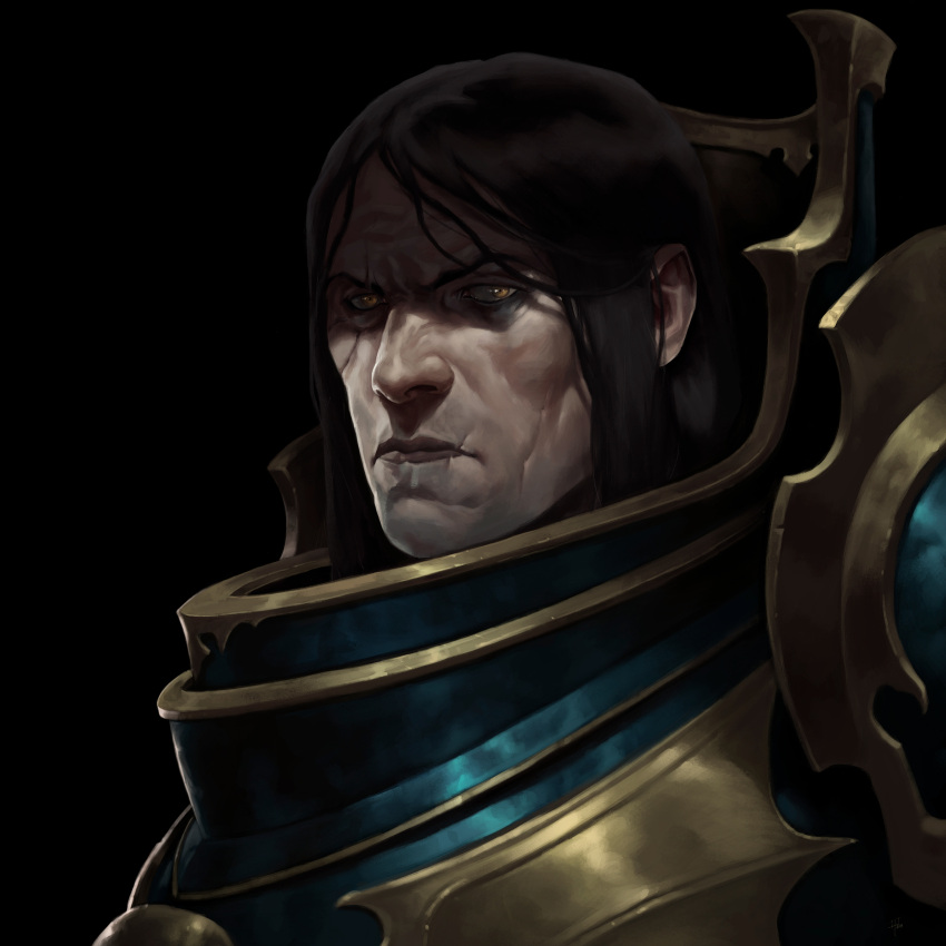 absurdres, adrian4rt, armor, bags_under_eyes, bat_wings, black_background, black_hair, blue_armor