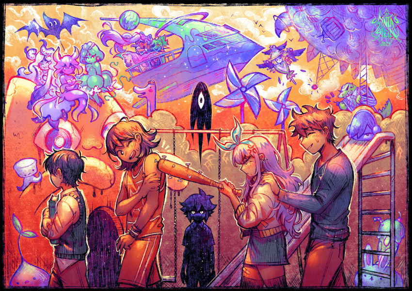 5girls, 6+boys, aubrey_(faraway)_(omori), aubrey_(omori), bangs_(omori), baseball_bat, big_yellow_cat_(omori), bird