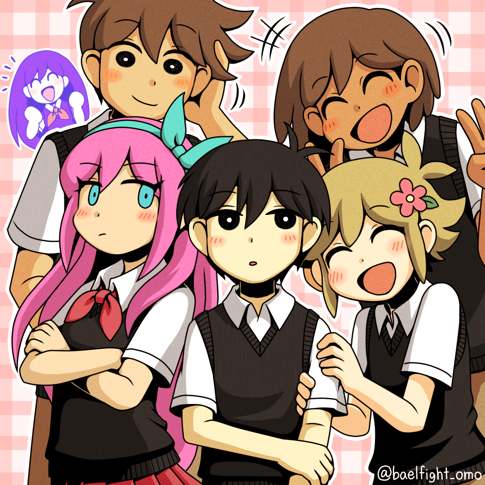 2girls, 4boys, aubrey_(faraway)_(omori), aubrey_(omori), basil_(faraway)_(omori), basil_(omori), black_eyes, black_hair
