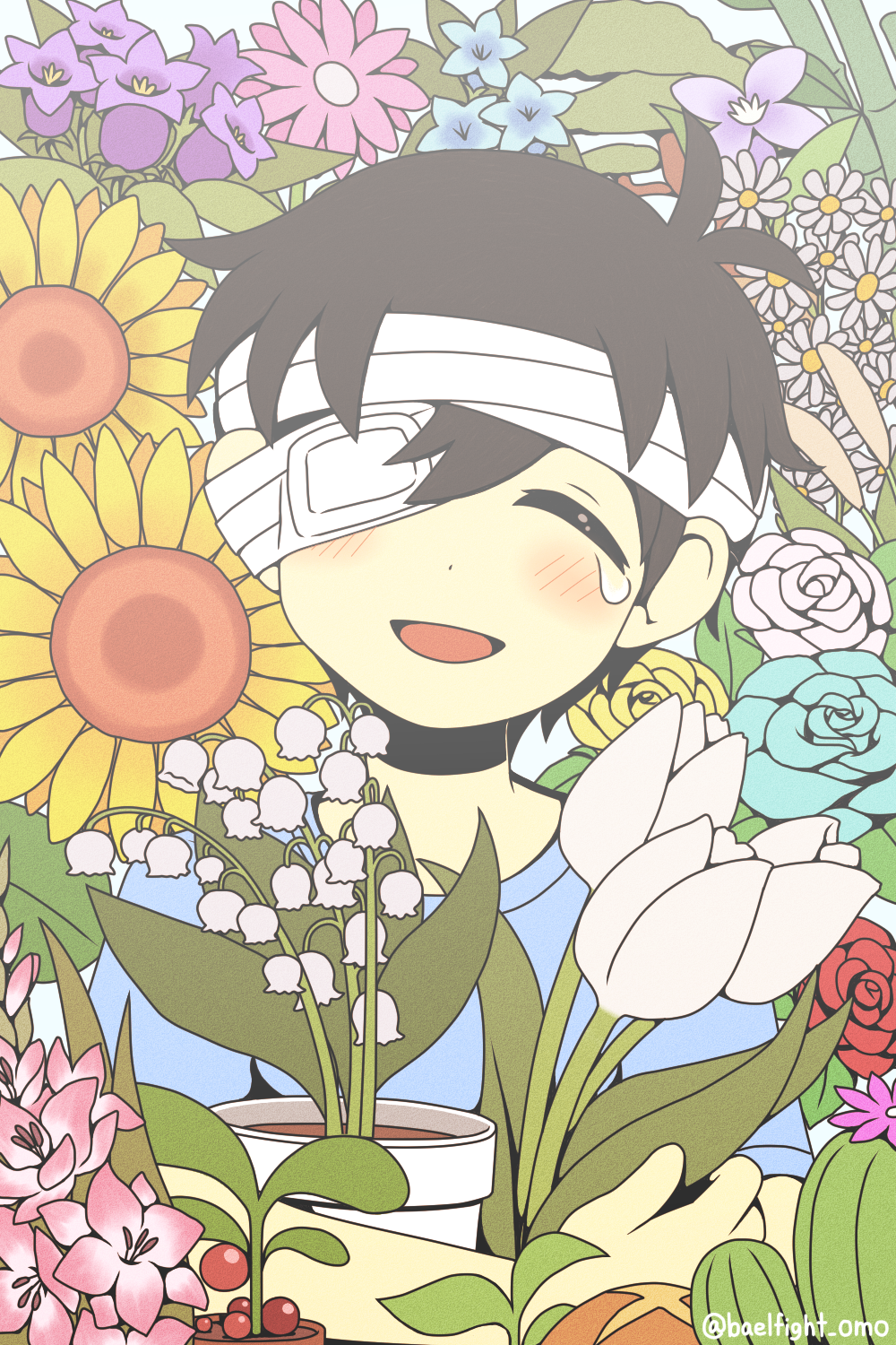 1boy, bandaged_head, bandages, black_hair, blue_flower, blue_rose, blue_shirt, closed_eyes