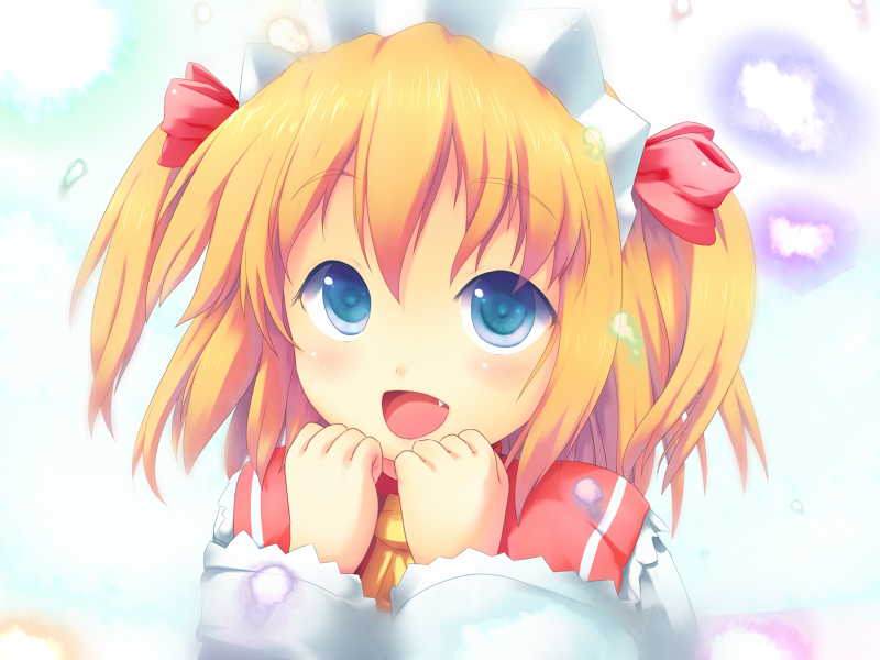 blue_eyes, brown_hair, face, fang, muneyuki, short_hair, short_twintails, smile