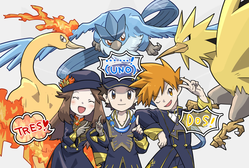 1girl, 2boys, arm_on_shoulder, articuno, blue_oak, blue_oak_(champion), brown_hair, closed_eyes, commentary_request, fingerless_gloves, fire, gloves, grey_background, highres, leaf_(champion)_(pokemon), leaf_(pokemon), looking_at_viewer, moltres, multiple_boys, official_alternate_costume, okiza_yuuri, one_eye_closed, open_mouth, pokemon, pokemon_(creature), pokemon_(game), pokemon_masters_ex, red_(champion)_(pokemon), red_(pokemon), smile, upper_body, wings, zapdos