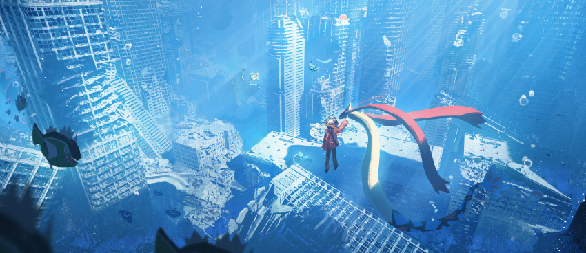 1other, absurdres, air_bubble, asteroid_ill, basculin, basculin_(white), black_hair, black_pants, blue_theme, bubble, building, city, cityscape, coat, day, fish, from_above, from_behind, highres, jacket, light_rays, manaphy, mantyke, milotic, outdoors, pants, phione, pokemon, pokemon_(creature), post-apocalypse, red_jacket, ruins, scenery, shirt, shoes, silhouette, skyscraper, standing, submerged, sunlight, swimming, underwater, underwater_city, water, wide_shot