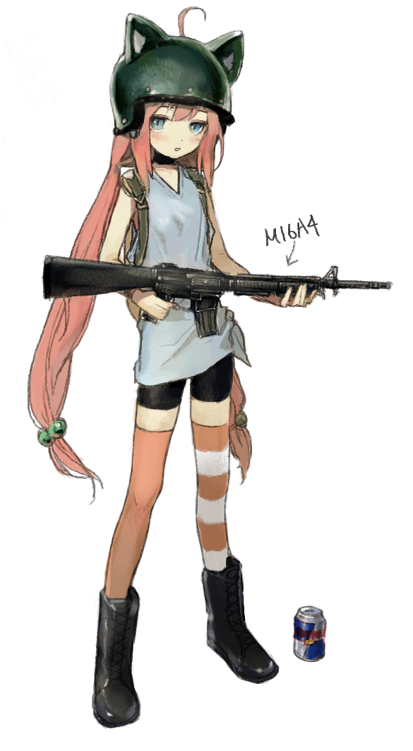 1girl, ahoge, animal_ear_headwear, assault_rifle, asymmetrical_legwear, bike_shorts, black_footwear, black_shorts