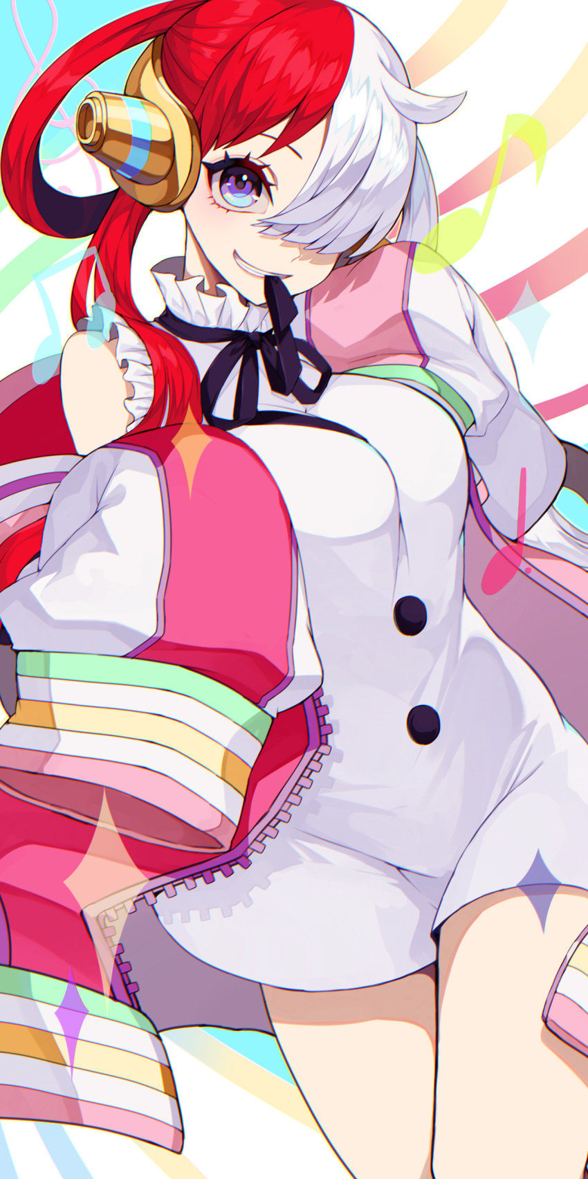 1girl, absurdres, black_ribbon, breasts, crazy_otama, dress, hair_over_one_eye, hair_rings