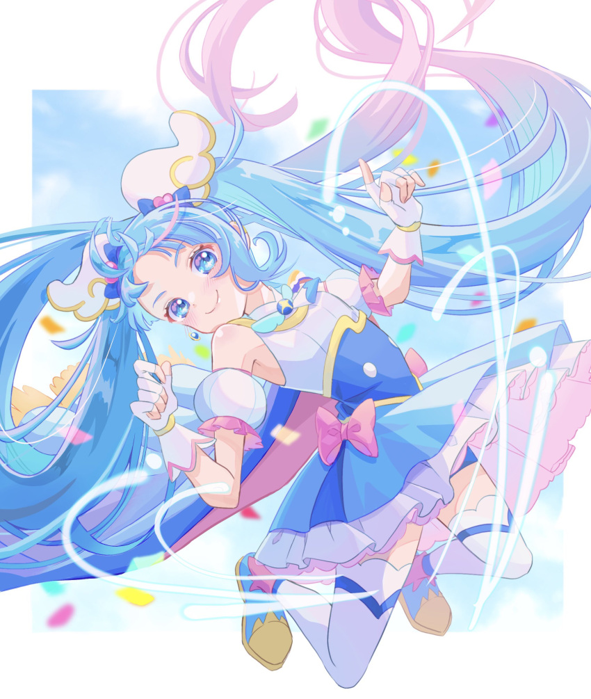 1girl, absurdres, ankle_boots, bike_shorts, blue_cape, blue_dress, blue_eyes, blue_footwear, blue_hair, blue_shorts, blue_sky, boots, bow, brooch, cape, closed_mouth, clouds, cloudy_sky, commentary, confetti, cure_sky, cut_bangs, day, detached_sleeves, dress, dress_bow, earrings, fingerless_gloves, floating, frilled_dress, frills, fringe_trim, gloves, gradient_hair, head_tilt, highres, hirogaru_sky!_precure, jewelry, legs_up, light_trail, lilylily0601, long_hair, looking_at_viewer, magical_girl, multicolored_hair, outdoors, pink_cape, pink_hair, precure, puffy_detached_sleeves, puffy_sleeves, short_dress, shorts, shorts_under_dress, single_earring, single_sidelock, sky, sleeveless, sleeveless_dress, smile, solo, sora_harewataru, streaked_hair, thigh-highs, twintails, two-sided_cape, two-sided_fabric, very_long_hair, white_gloves, white_thighhighs, wind, wing_brooch, wing_hair_ornament