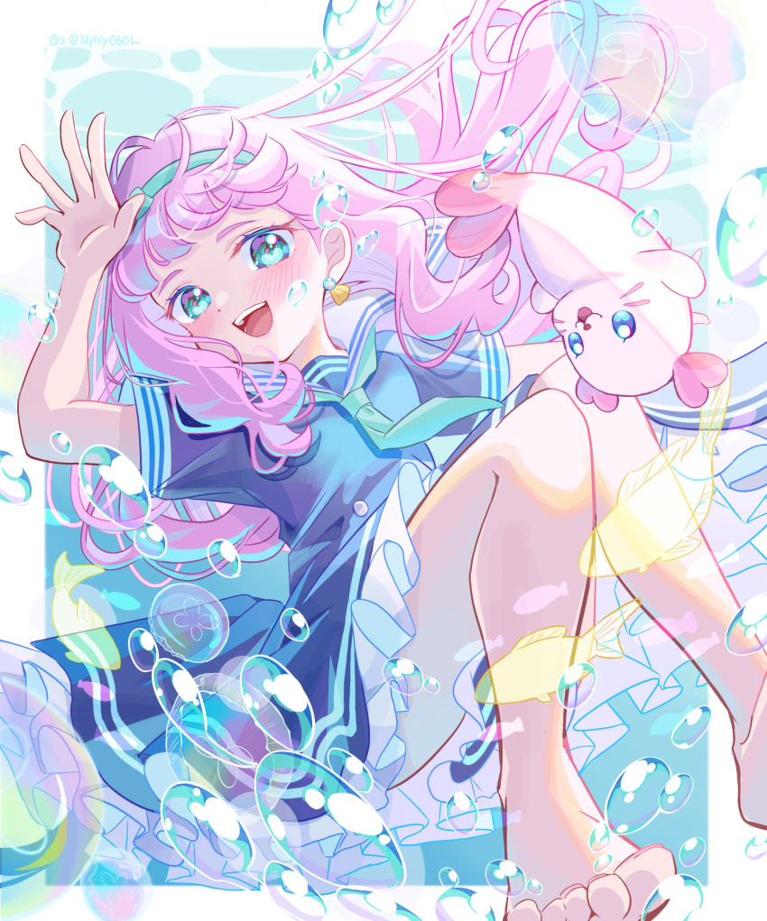 1girl, absurdres, air_bubble, aqua_neckerchief, barefoot, blue_dress, blue_eyes, blue_hairband