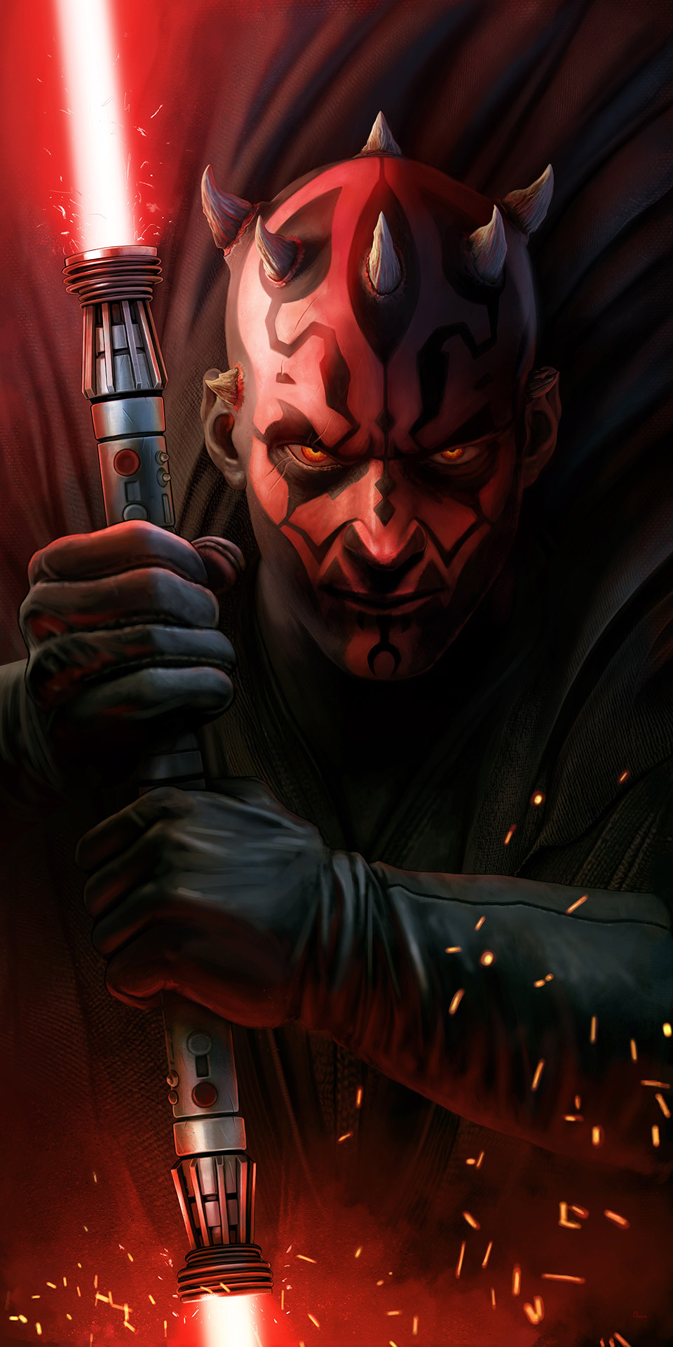 1boy, alien, black_gloves, black_robe, colored_skin, commentary, darth_maul, double_bladed_lightsaber