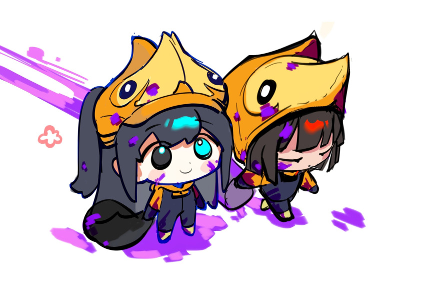 1boy, 1girl, aqua_eyes, black_eyes, black_hair, blue_hair, blue_overalls, chibi