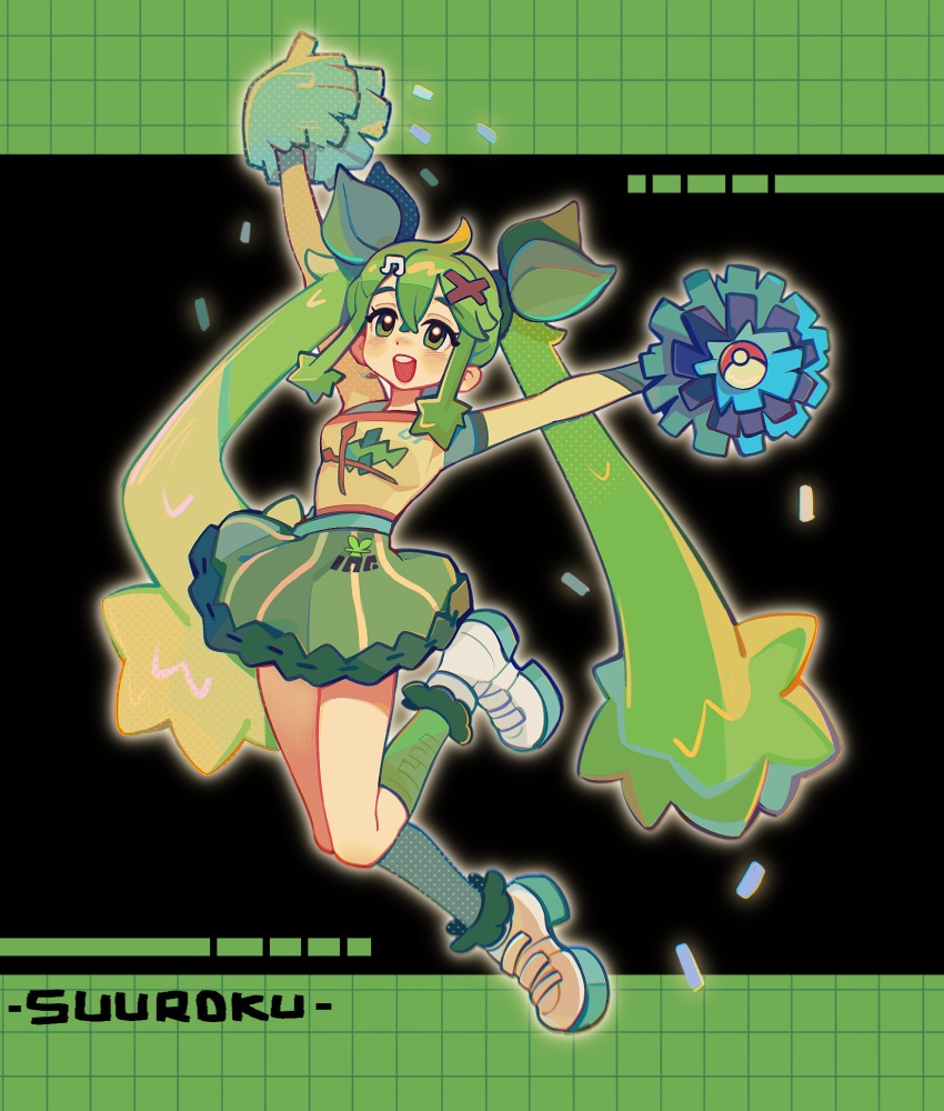 1girl, blonde_hair, breasts, confetti, full_body, grass_miku_(project_voltage), green_eyes, green_hair