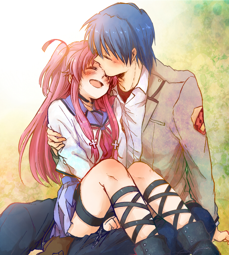 1girl, angel_beats!, blue_hair, blush, closed_eyes, couple, fang, forehead_kiss, hinata_(angel_beats!), kiss, kono_sanorou, long_hair, pink_hair, school_uniform, serafuku, short_hair, twintails, yui_(angel_beats!)