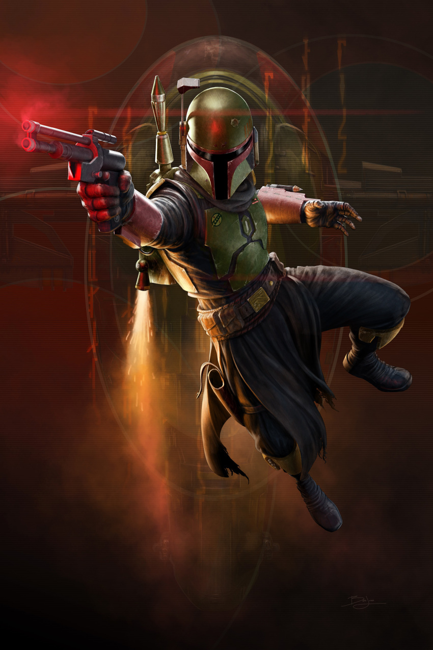 1boy, absurdres, armor, belt, ben_judd, boba_fett, boots, breastplate, fingerless_gloves, full_body, gloves, gun, handgun, helmet, highres, holding, holding_gun, holding_weapon, jetpack, pants, pelvic_curtain, solo, star_wars, vambraces, weapon