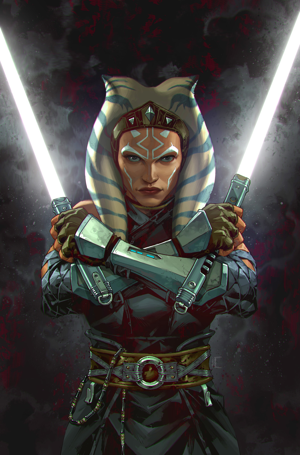 1girl, ahsoka_tano, alien, bare_shoulders, belt, blue_eyes, brown_gloves, colored_skin