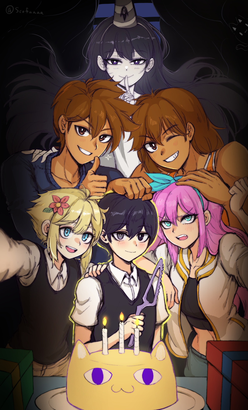 2girls, 4boys, absurdres, aubrey_(faraway)_(omori), aubrey_(omori), basil_(faraway)_(omori), basil_(omori), big_yellow_cat_(omori)
