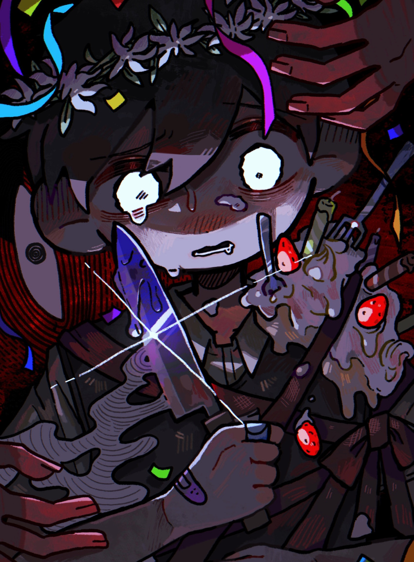 1boy, black_hair, black_sweater_vest, cake, candle, collared_shirt, confetti, food, fork, head_wreath, highres, holding, holding_knife, knife, male_focus, omori, parted_lips, shirt, short_hair, something_(omori), spoilers, sunny_(omori), sweater_vest, uminosoko44, white_eyes, white_shirt