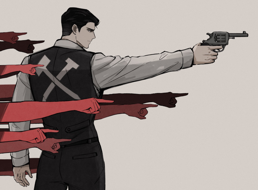 1boy, 4indroid, belt, black_hair, black_pants, black_vest, collared_shirt, colored_skin