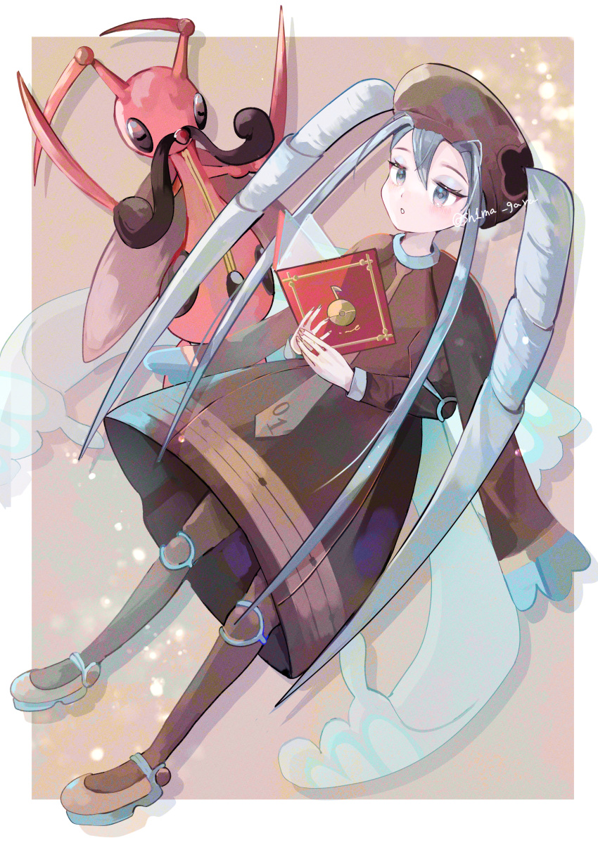 1girl, absurdres, aqua_eyes, aqua_hair, book, brown_dress, brown_headwear, bug_miku_(project_voltage)