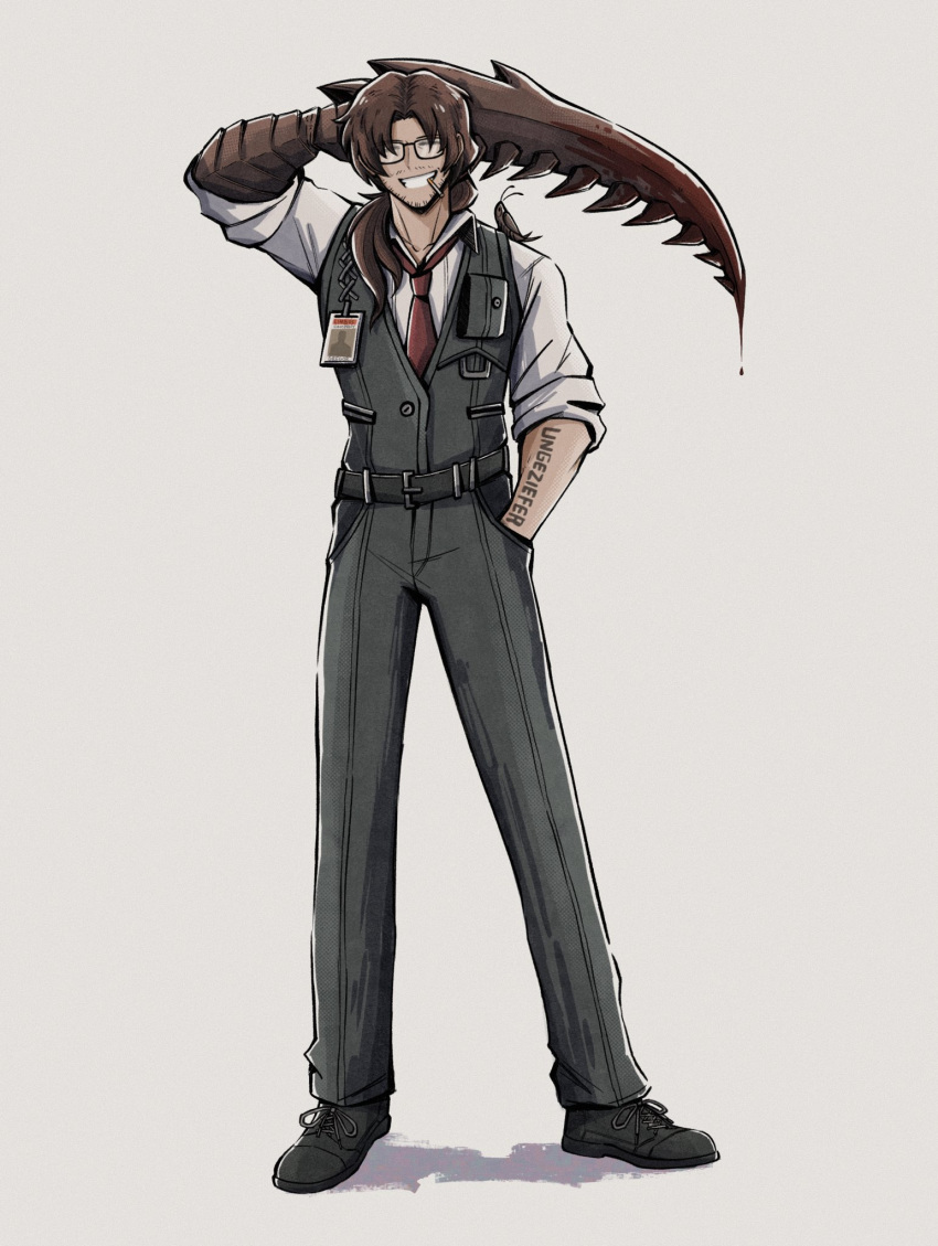 1boy, 4indroid, arm_tattoo, arthropod_limbs, beard, belt, black_footwear, black_vest