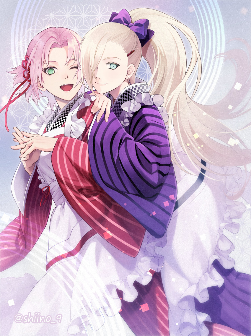 2girls, ;d, absurdres, alternate_costume, blonde_hair, blue_eyes, bow, closed_mouth