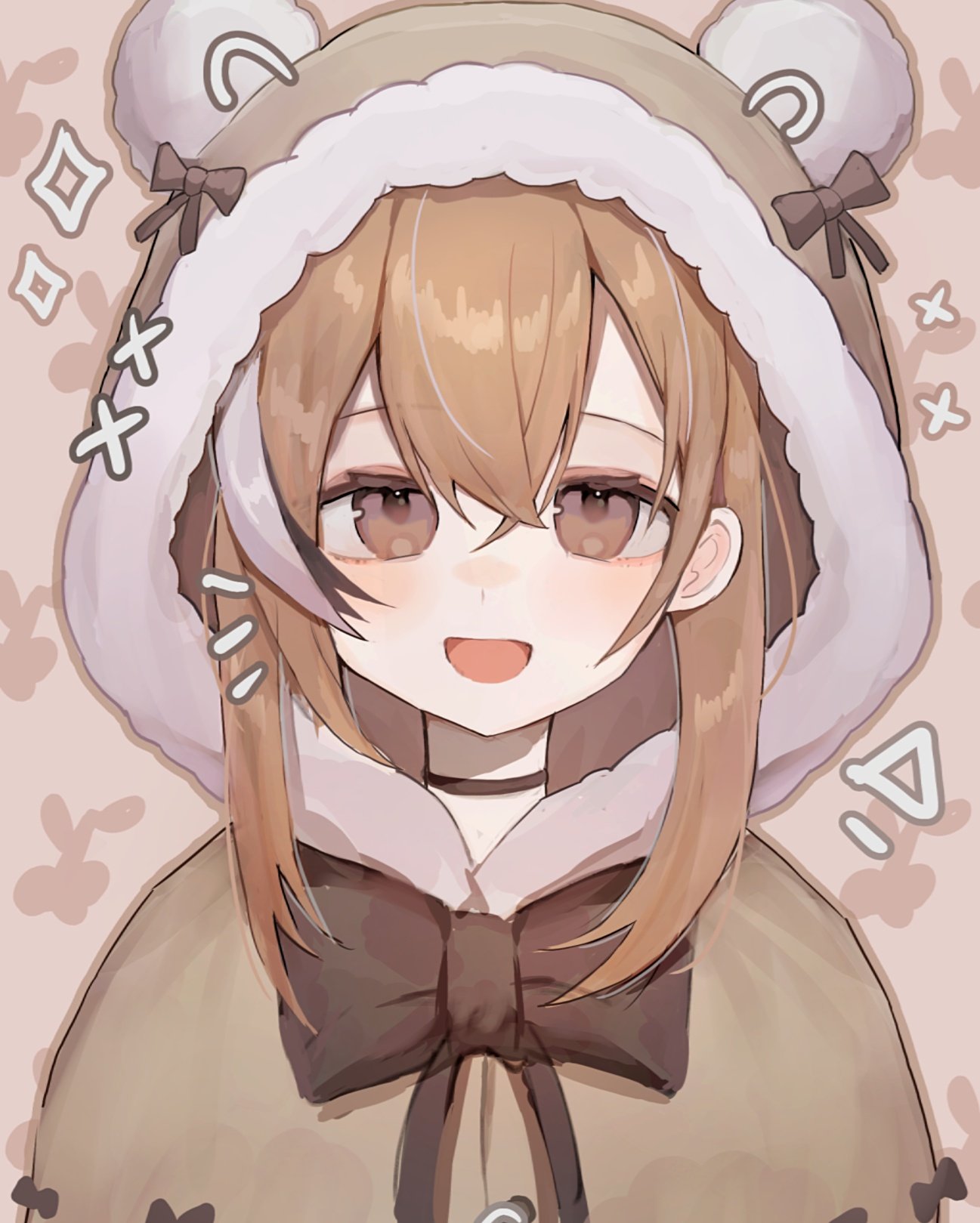 1girl, :d, animal_hood, bear_hood, berry, brown_capelet, brown_eyes, brown_hair