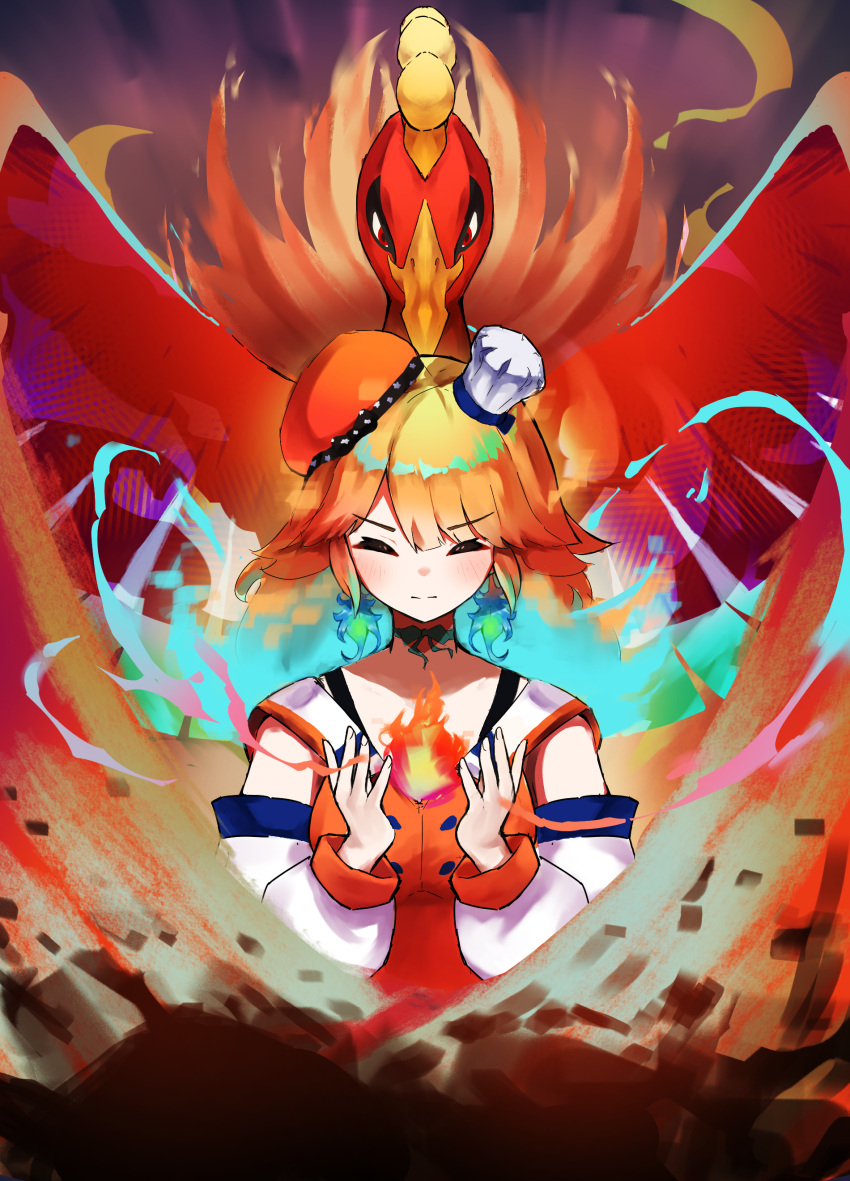 1girl, absurdres, beret, bird, closed_eyes, detached_sleeves, earrings, fire