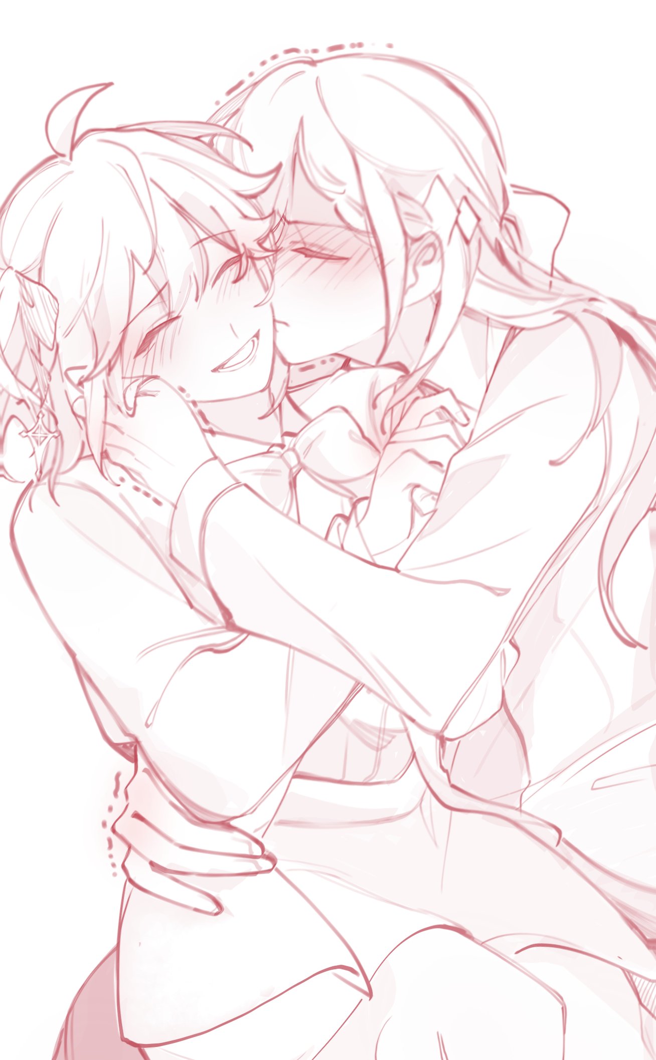 2girls, ahoge, anisphia_wynn_palettia, blush, bow, bowtie, closed_eyes, commentary_request