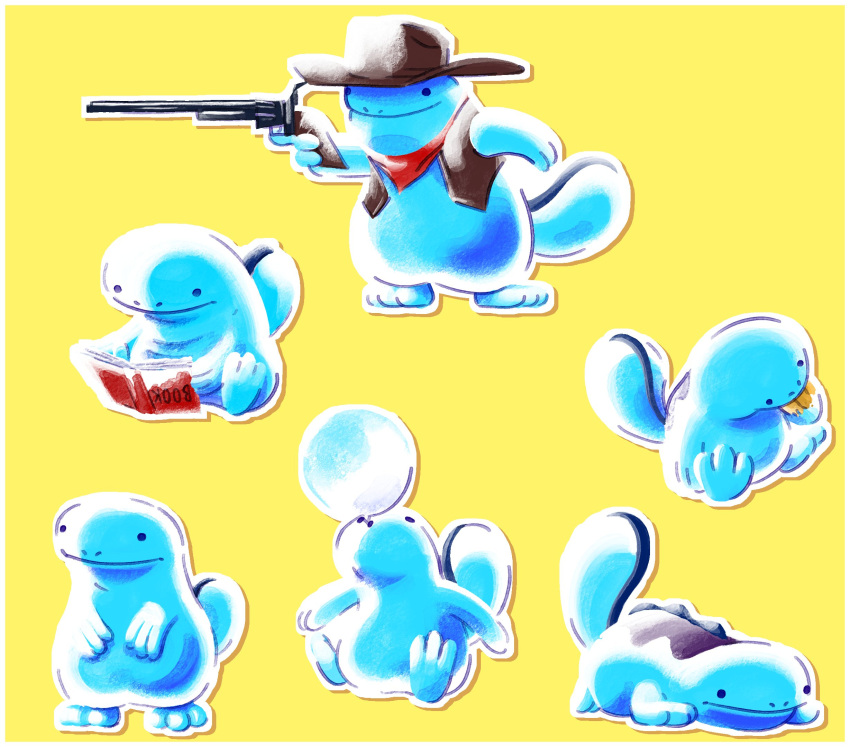 book, brown_vest, bubble_blowing, clothed_pokemon, commentary, cowboy_hat, dongff_tk, gun, hat, highres, holding, holding_gun, holding_weapon, neckerchief, no_humans, pokemon, pokemon_(creature), quagsire, reading, red_neckerchief, revolver, upside-down_book, vest, weapon