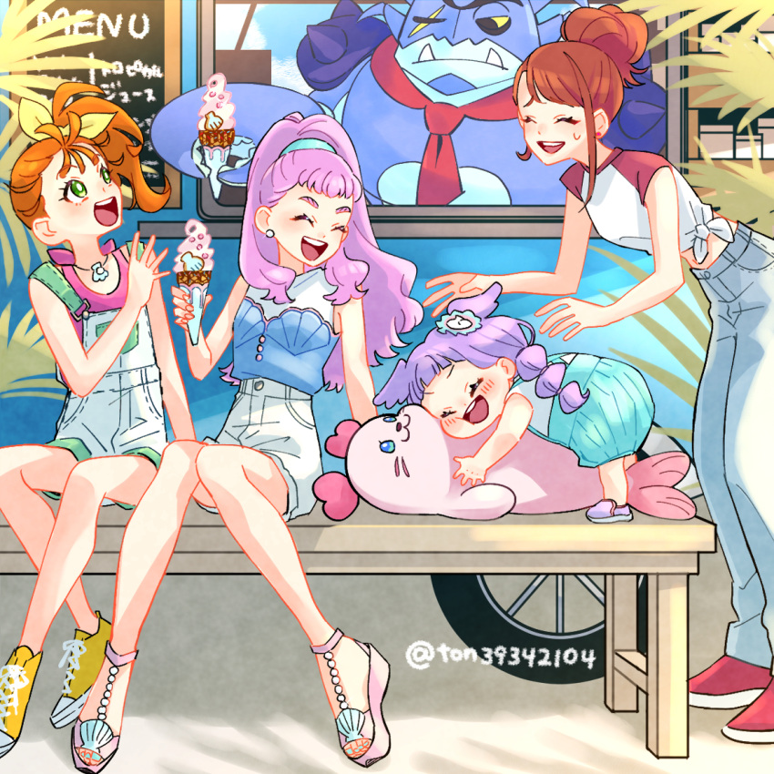 1boy, 4girls, :d, alternate_hairstyle, asymmetrical_bangs, blue_shirt, bright_pupils, brown_hair
