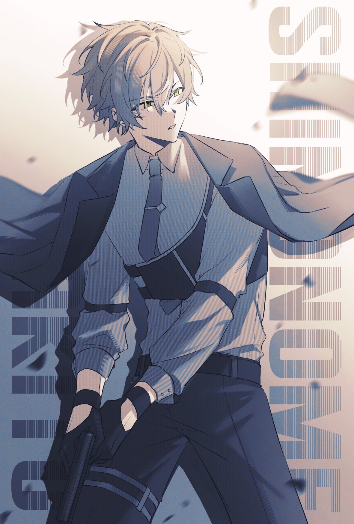 1boy, belt, black_belt, black_gloves, black_pants, collared_shirt, commentary, cowboy_shot