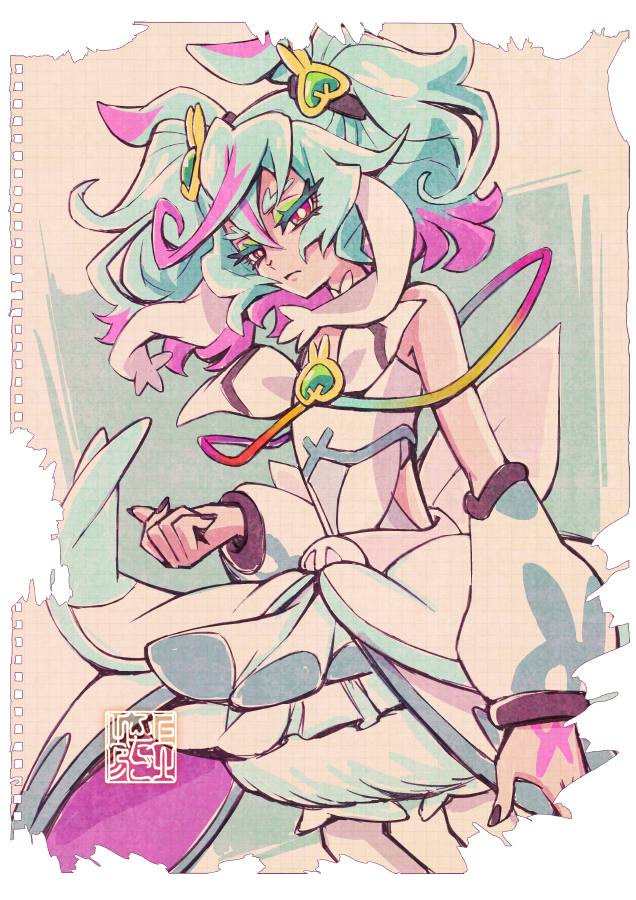 1girl, bare_shoulders, black_nails, cure_supreme, detached_sleeves, dress, kamikita_futago, magical_girl, multicolored_hair, precure, precure_all_stars_f, preme_(precure), serious, sleeveless, sleeveless_dress, solo, two-tone_hair, two_side_up, white_dress