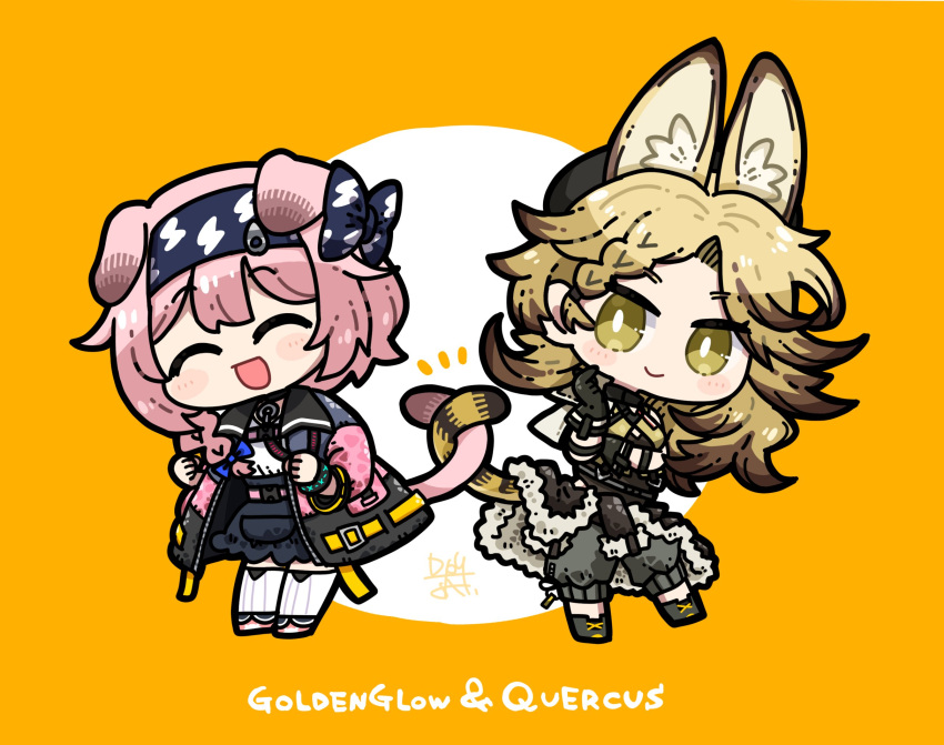2girls, animal_ear_fluff, animal_ears, arknights, black_headband, black_jacket, black_shirt, black_skirt