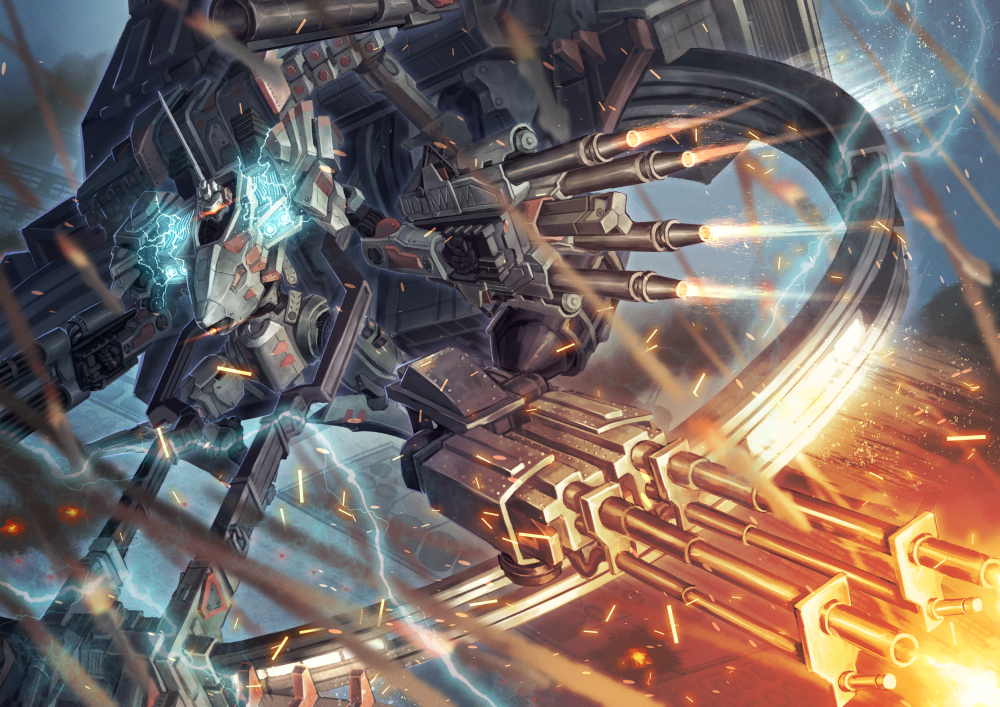 armored_core, armored_core_6, balteus_(armored_core_6), clenched_hands, commentary_request, electricity, firing, full_body