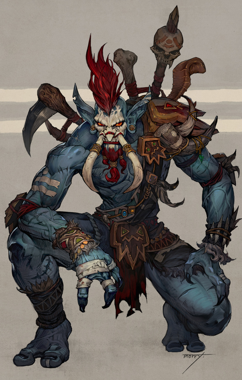 1boy, armor, artist_name, bandages, black_claws, blue_skin, claws, clenched_teeth