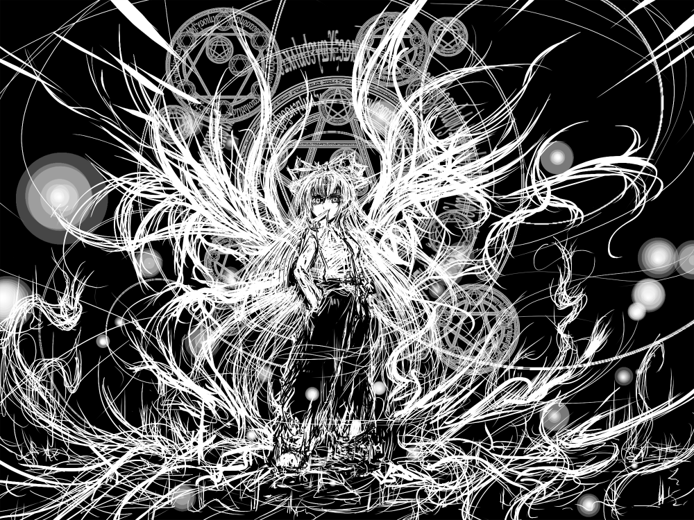 acryl, bad_id, fire, fujiwara_no_mokou, long_hair, magic_circle, monochrome, suspenders