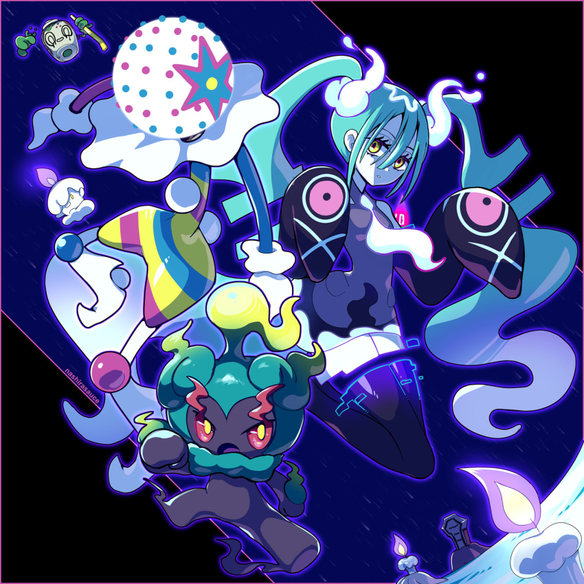 1girl, aqua_hair, blacephalon, black_thighhighs, detached_sleeves, fire, ghost, ghost_miku_(project_voltage), greavard, grey_shirt, hatsune_miku, highres, houndstone, litwick, long_hair, marshadow, nashirasauce, necktie, pale_skin, pokemon, pokemon_(creature), poltchageist, project_voltage, shirt, skirt, sleeves_past_fingers, sleeves_past_wrists, thigh-highs, twintails, very_long_hair, vocaloid, will-o'-the-wisp_(mythology), yellow_eyes