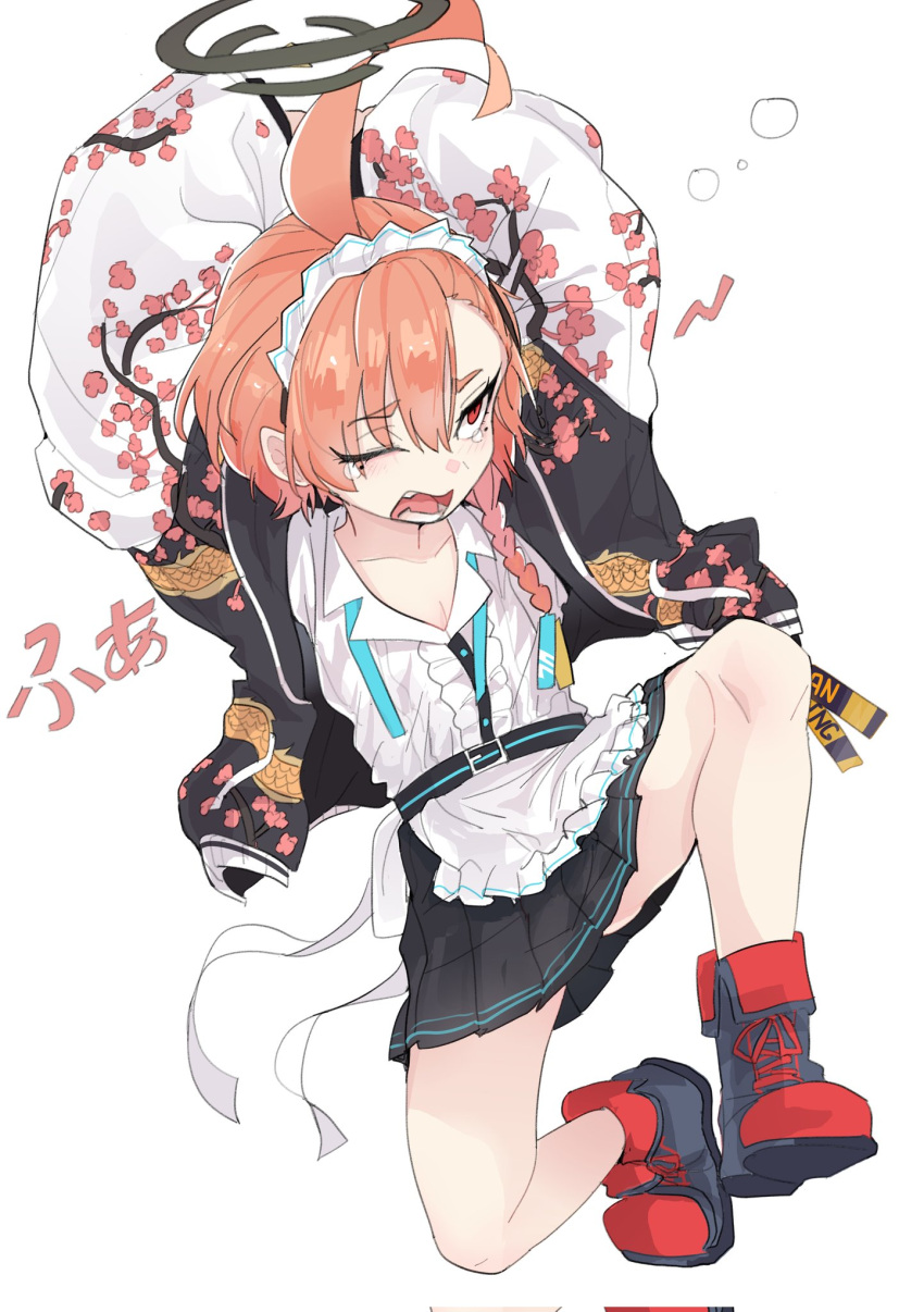 1girl, ahoge, apron, blue_archive, fang, flat_chest, halo, highres, maid_apron, maid_headdress, mole, mole_under_eye, neru_(blue_archive), orange_hair, pearlgang_e, pleated_skirt, red_eyes, short_hair, simple_background, skirt, white_background
