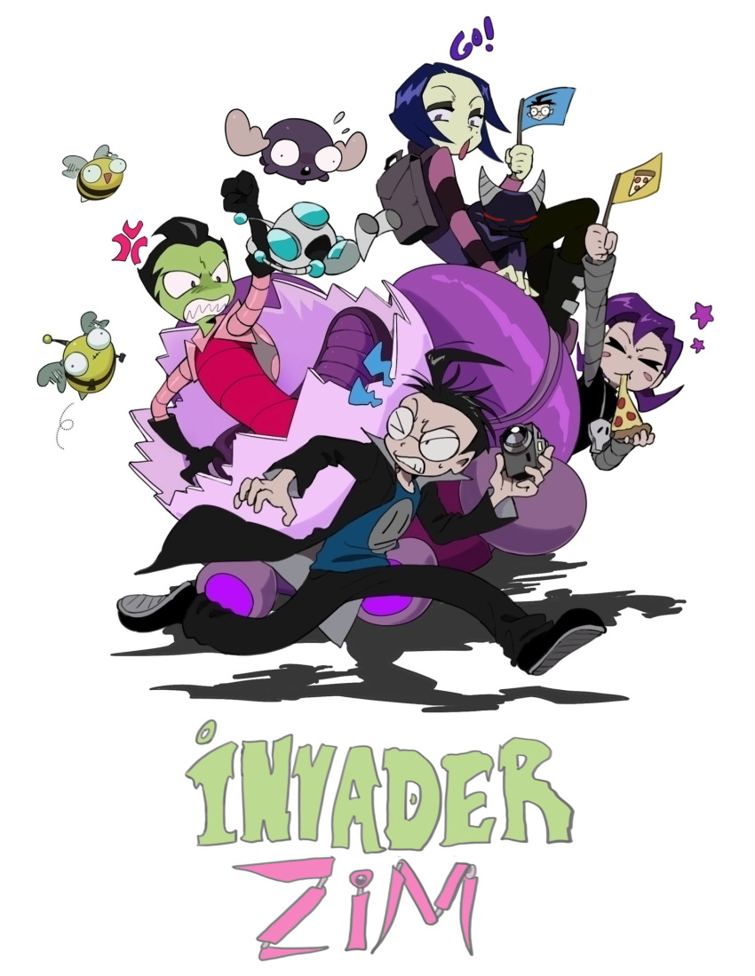 2girls, alien, animification, bee, black_hair, brother_and_sister, bug, camera, child, crunchcontrol, dib_(invader_zim), english_text, flag, food, gir_(invader_zim), glasses, highres, holding, holding_camera, invader_zim, mini_moose, multiple_girls, pizza, purple_hair, robot, shadow, siblings, simple_background, star_(symbol), tak_(invader_zim), white_background, zim_(invader_zim)