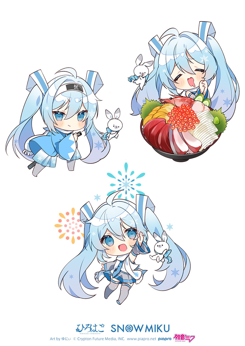 aerial_fireworks, ahoge, animal, arm_up, blue_eyes, blue_hair, blue_jacket, blue_necktie, blue_scarf, blush_stickers, character_name, chibi, closed_eyes, commentary, company_name, crypton_future_media, cucumber, cucumber_slice, detached_sleeves, drooling, fighting_stance, fireworks, fish_(food), food, furrowed_brow, grey_skirt, grey_sleeves, grey_thighhighs, hair_ornament, haori, hatsune_miku, headband, highres, ikura_(food), jacket, japanese_amberjack, japanese_clothes, kaisendon, light_blue_hair, long_hair, looking_at_viewer, miniskirt, mouth_drool, necktie, official_art, open_mouth, outstretched_arm, own_hands_together, piapro, pleated_skirt, rabbit, rabbit_yukine, ready_to_draw, sashimi, scallop, scarf, second-party_source, shinsengumi, shirt, shiso_(plant), shrimp, simple_background, skirt, sleeveless, sleeveless_shirt, smile, smirk, snowflake_print, squid, thigh-highs, tuna, twintails, v-shaped_eyebrows, very_long_hair, vocaloid, white_background, white_scarf, white_shirt, yuki_miku, yuki_miku_(2011), yuni_(irohasuiroiro)