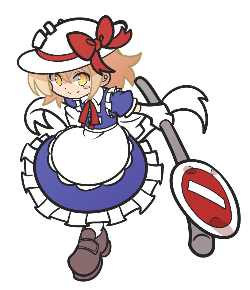 1girl, apron, back_bow, blonde_hair, blue_dress, blush, bow, brown_footwear
