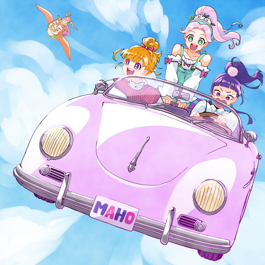 4girls, :d, above_clouds, alternate_hairstyle, asahina_mirai, bird, blonde_hair, blue_sky