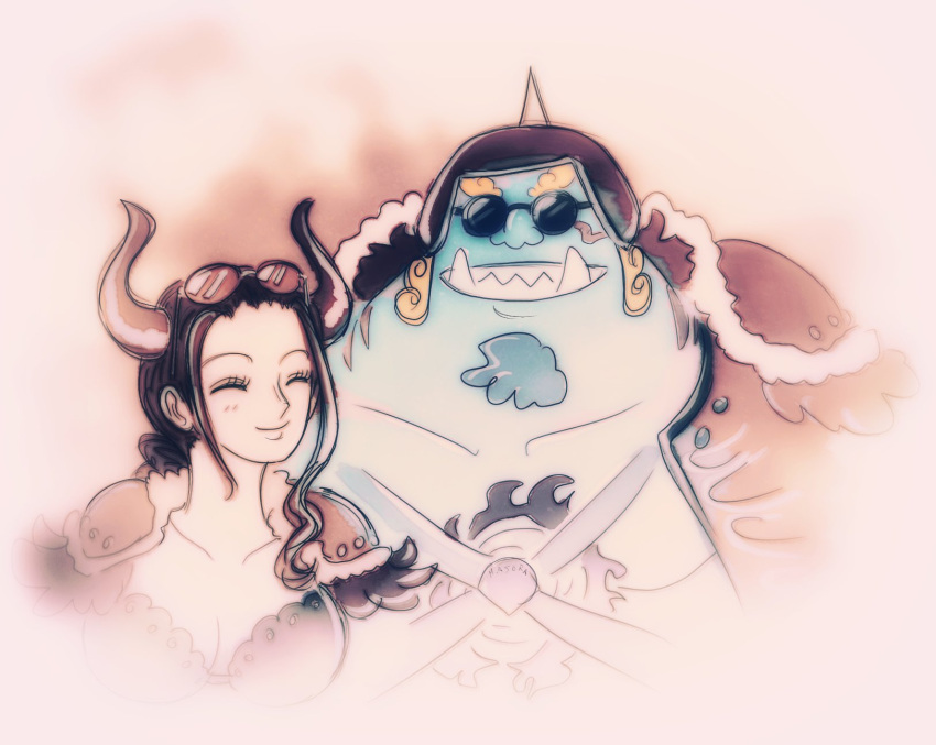 1boy, 1girl, armor, black_hair, blue_skin, chest_tattoo, closed_eyes, closed_mouth