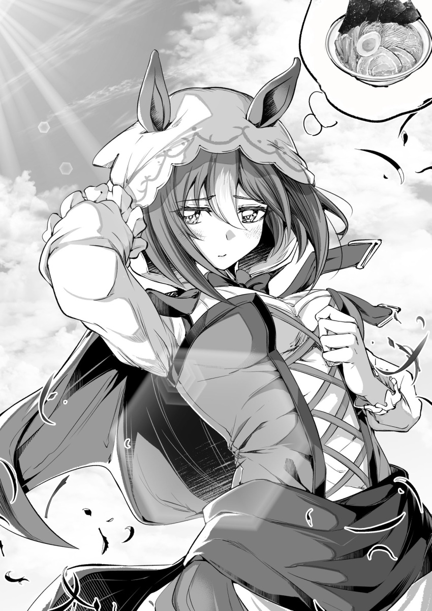 1girl, animal_ears, arm_up, blush, breasts, closed_mouth, fine_motion_(hello_my_clover)_(umamusume), fine_motion_(umamusume), food, hair_between_eyes, hair_ornament, hat, hero_(10cl3), highres, horse_ears, horse_tail, looking_at_viewer, medium_breasts, monochrome, noodles, official_alternate_costume, ramen, sky, solo, tail, thinking, umamusume