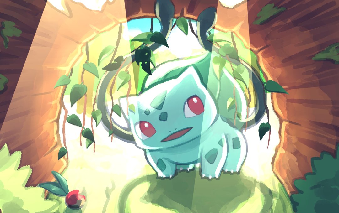 animal_focus, bright_pupils, bulbasaur, cheri_berry, funahashi_(nkmmmmr), leaf, log, moss