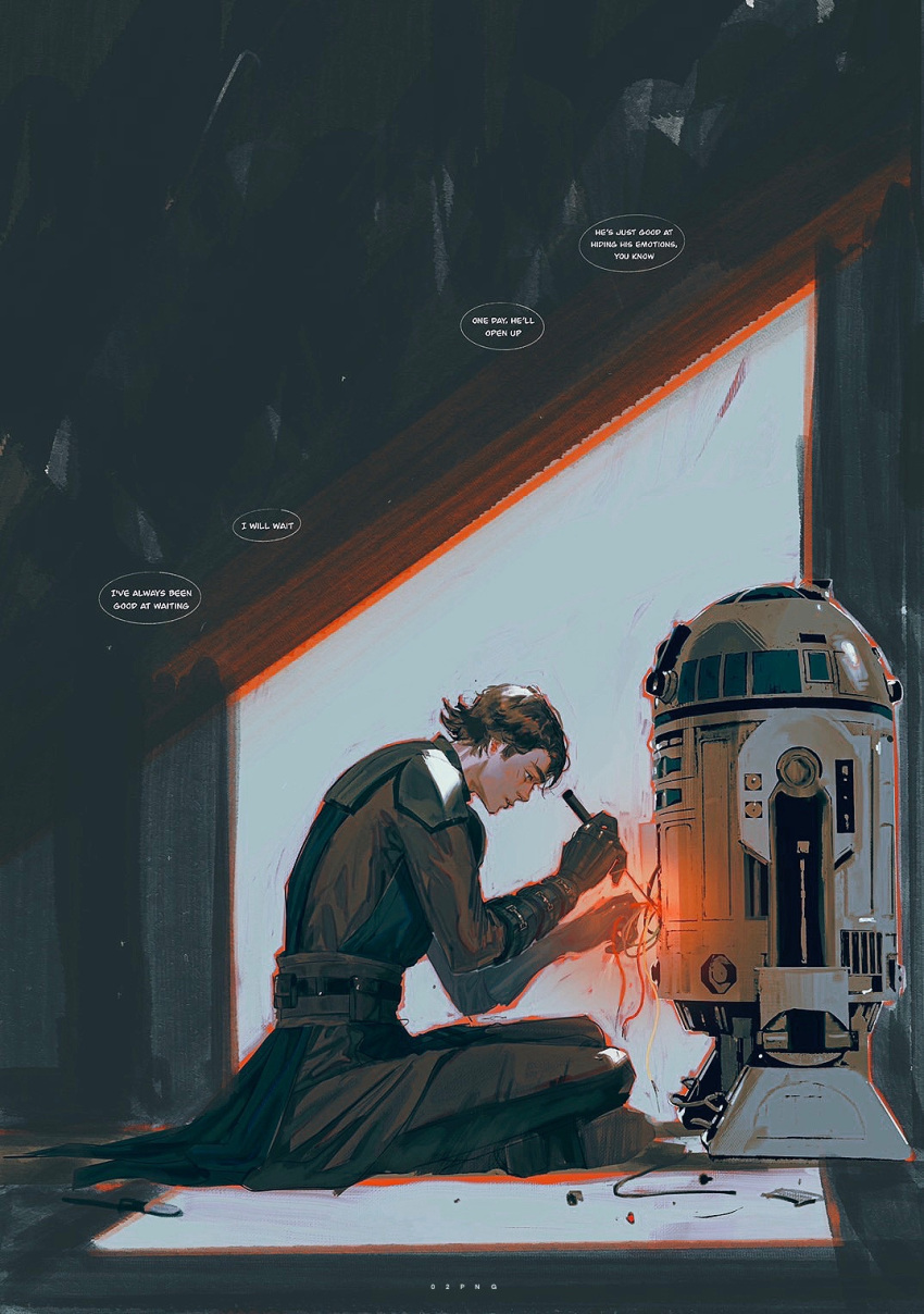 02png, 1boy, 1other, anakin_skywalker, astromech_droid, belt, black_belt, brown_hair