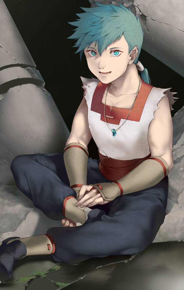 1boy, blue_eyes, blue_hair, breath_of_fire, breath_of_fire_iv, collarbone, commentary, fingerless_gloves