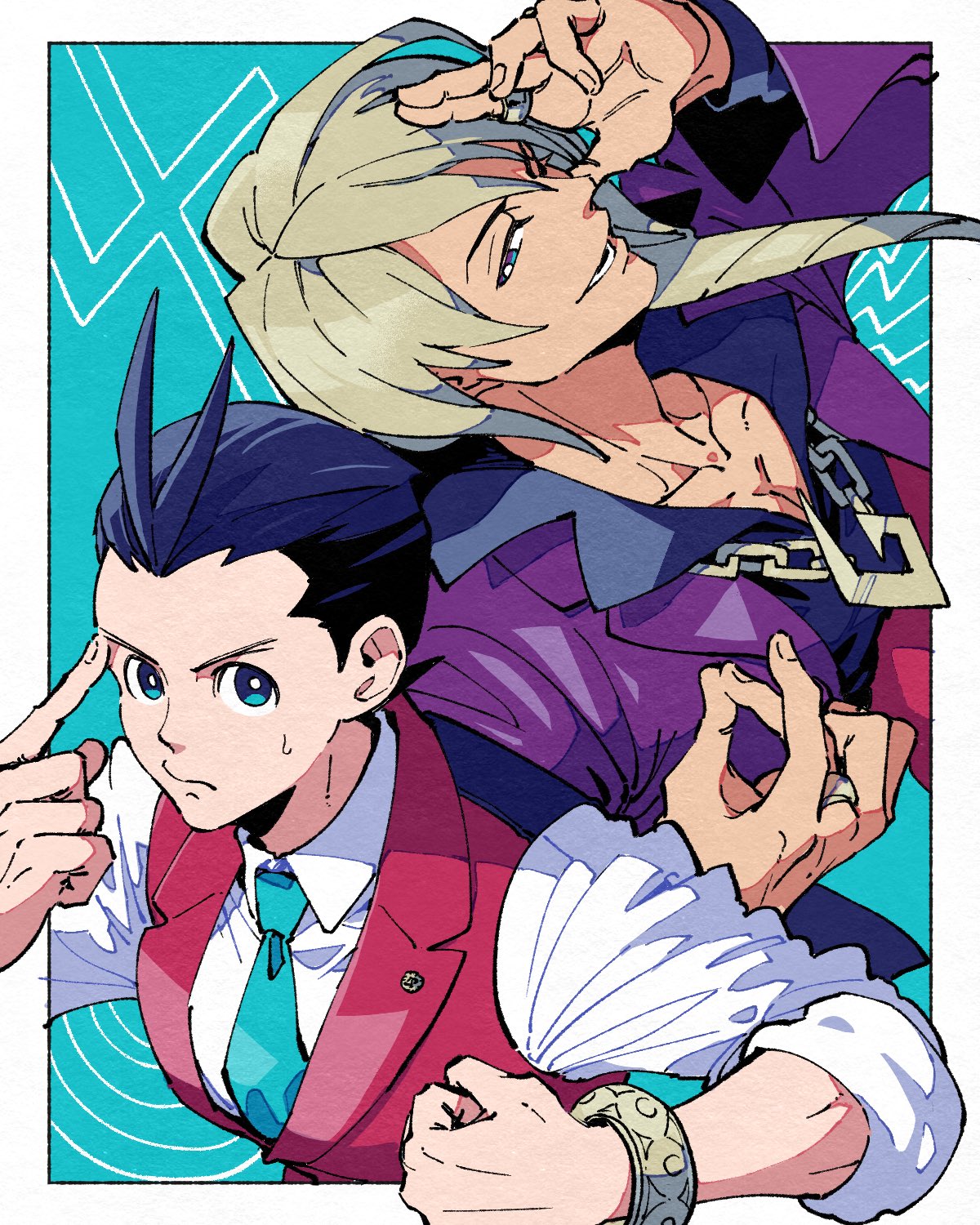 2boys, ace_attorney, apollo_justice, apollo_justice:_ace_attorney, black_hair, black_shirt, blonde_hair, blue_background