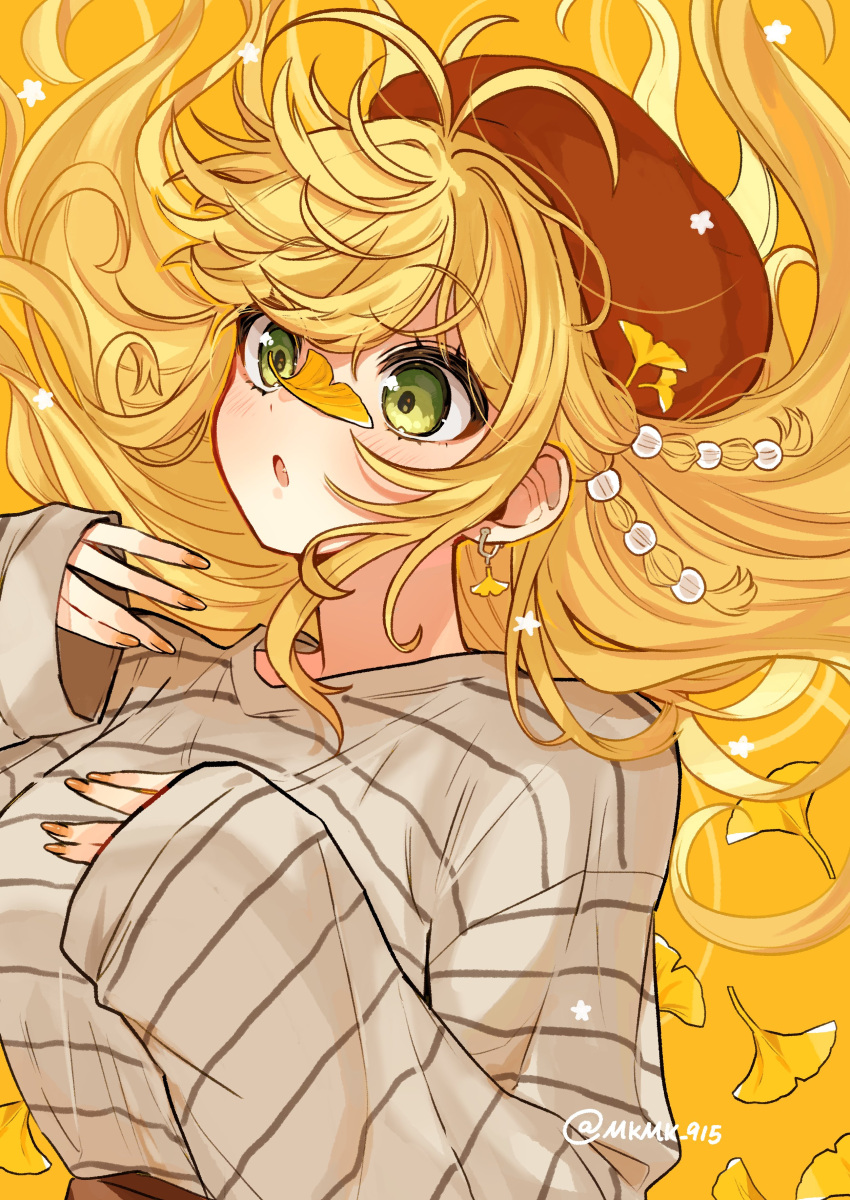 1girl, :o, absurdres, beads, beret, blonde_hair, blush, breasts, brown_shirt, commentary_request, cross-eyed, falling_leaves, fang, ginkgo_leaf, hair_beads, hair_floating_upwards, hair_ornament, hands_up, hat, highres, large_breasts, leaf, leaf_on_face, long_hair, looking_at_object, nanaki_(mkmk_915), open_mouth, orange_nails, red_headwear, shirt, shirt_tucked_in, sleeves_past_wrists, solo, striped, striped_shirt, tented_shirt, tsurumaki_maki, twitter_username, upper_body, voiceroid, yellow_background